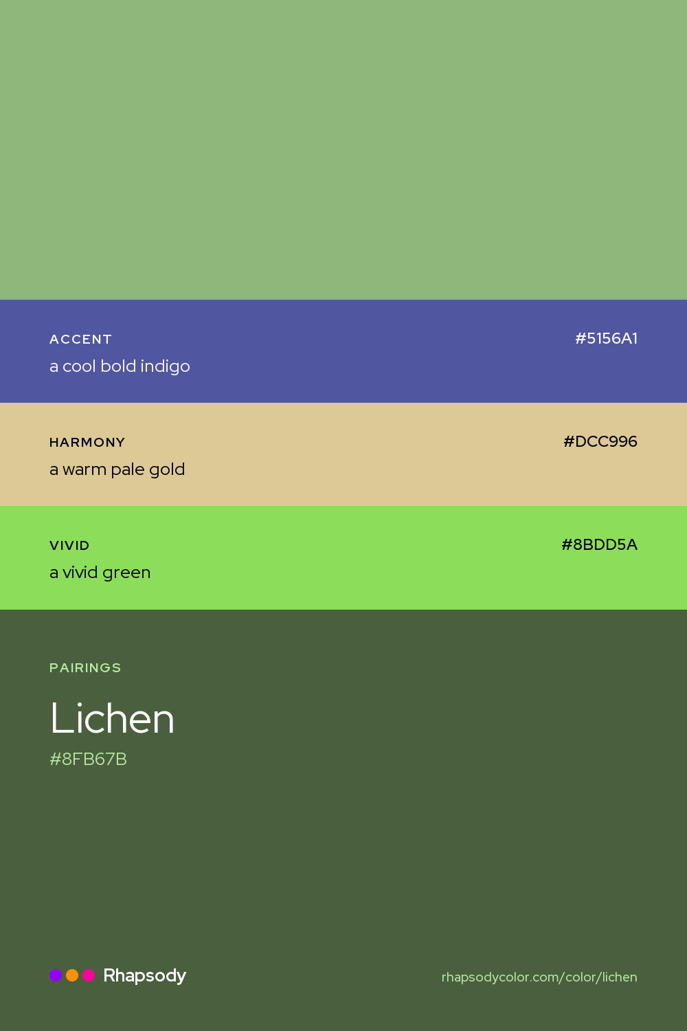 Lichen paired with a cool bold indigo #5156A1, a warm pale gold #DCC996, a vivid green #8BDD5A: hex values and roles, from Rhapsody