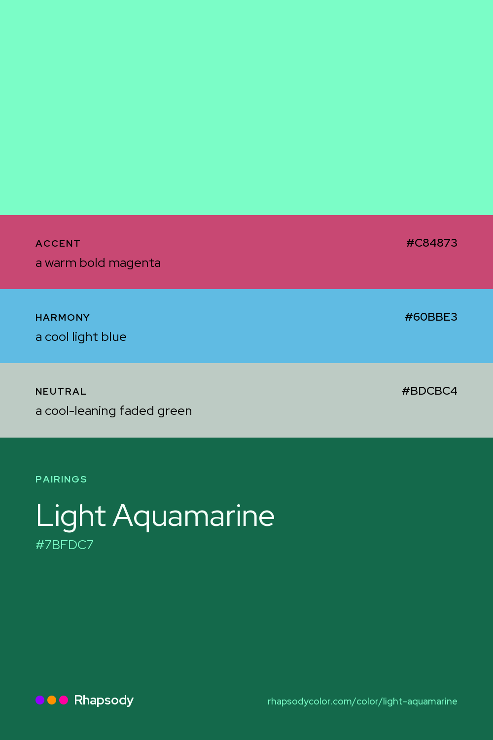 Light Aquamarine paired with a warm bold magenta #C84873, a cool light blue #60BBE3, a cool-leaning faded green #BDCBC4: hex values and roles, from Rhapsody