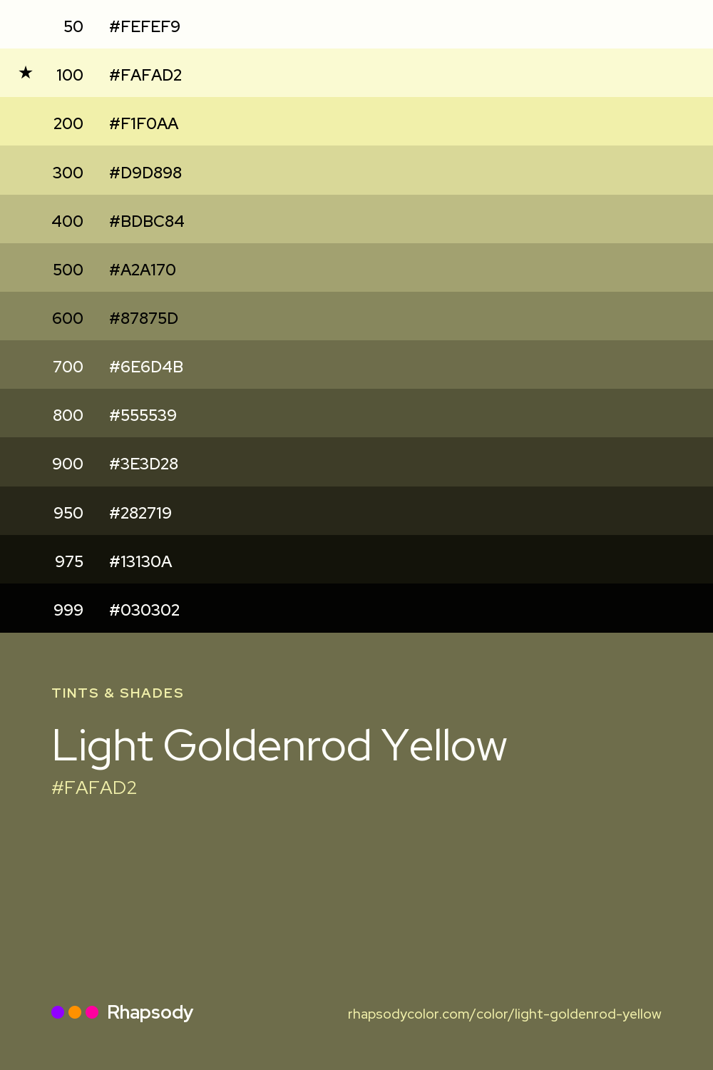 The full tonal scale of Light Goldenrod Yellow, 13 steps from light to dark with every hex, from Rhapsody