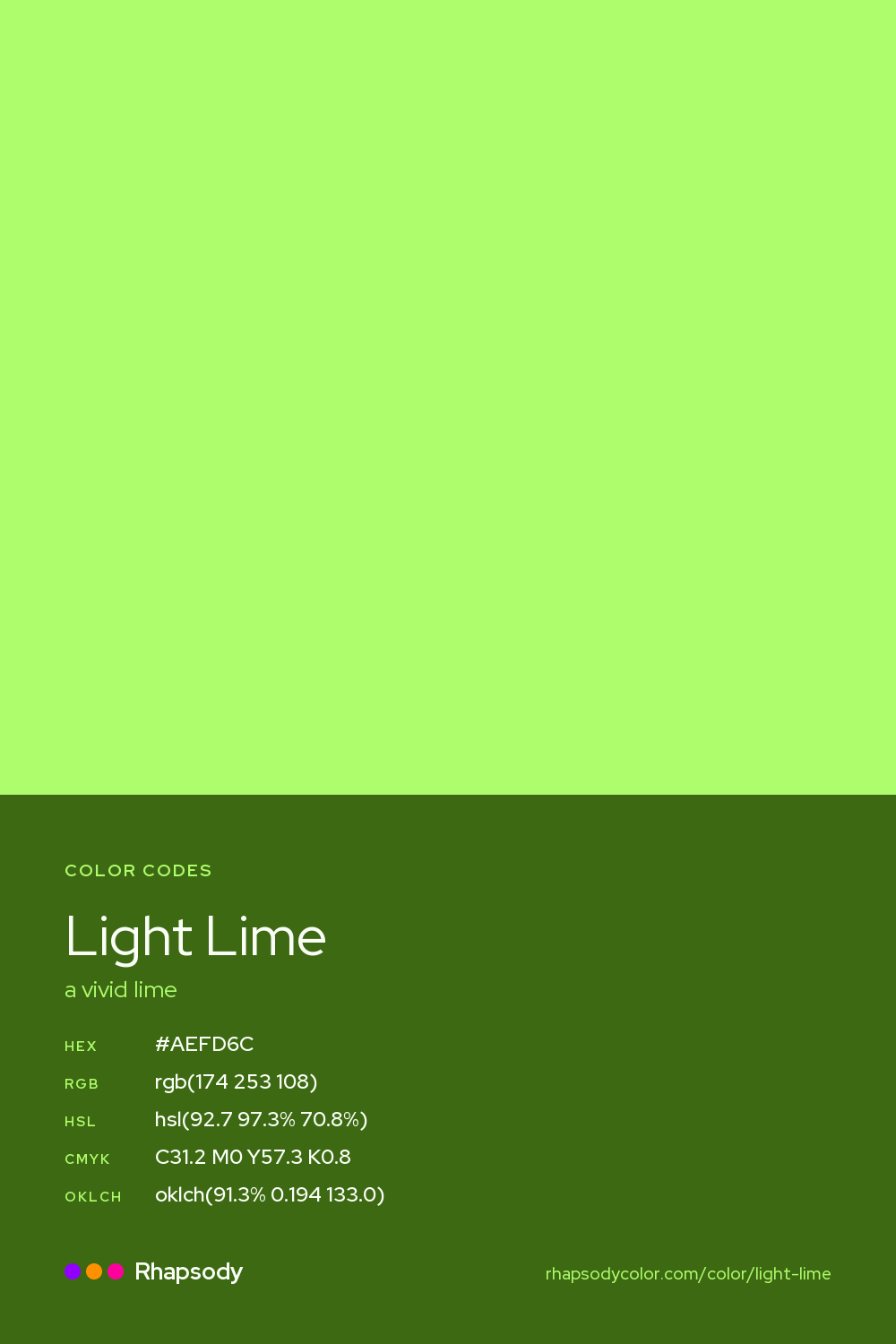 Light Lime color codes: hex #AEFD6C, RGB, HSL, CMYK, and OKLCH, from Rhapsody