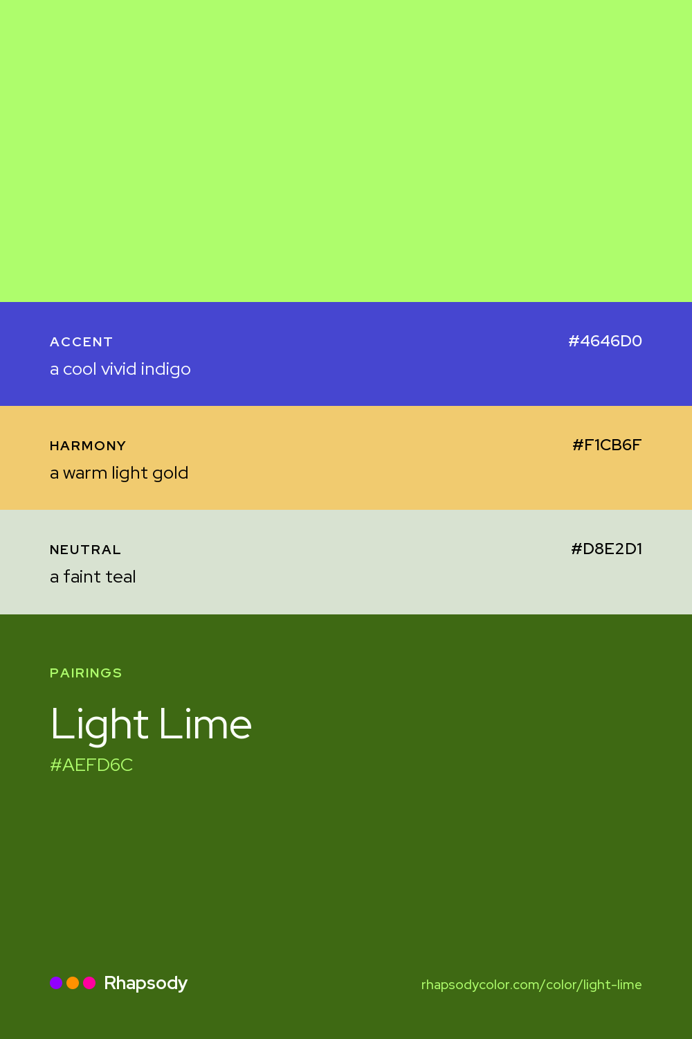 Light Lime paired with a cool vivid indigo #4646D0, a warm light gold #F1CB6F, a faint teal #D8E2D1: hex values and roles, from Rhapsody