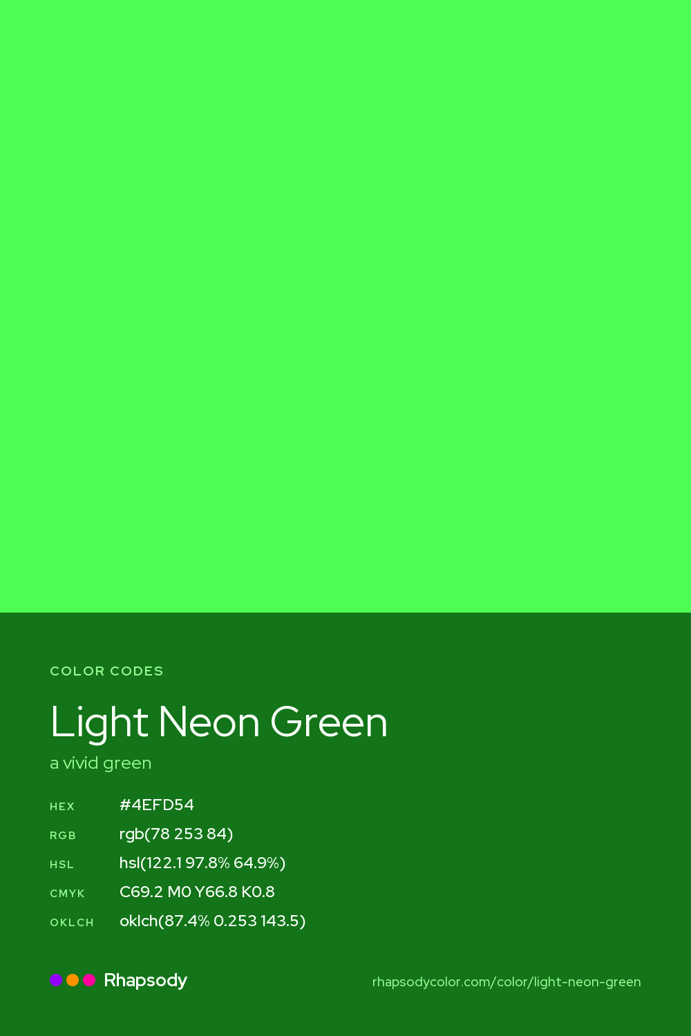 Light Neon Green color codes: hex #4EFD54, RGB, HSL, CMYK, and OKLCH, from Rhapsody