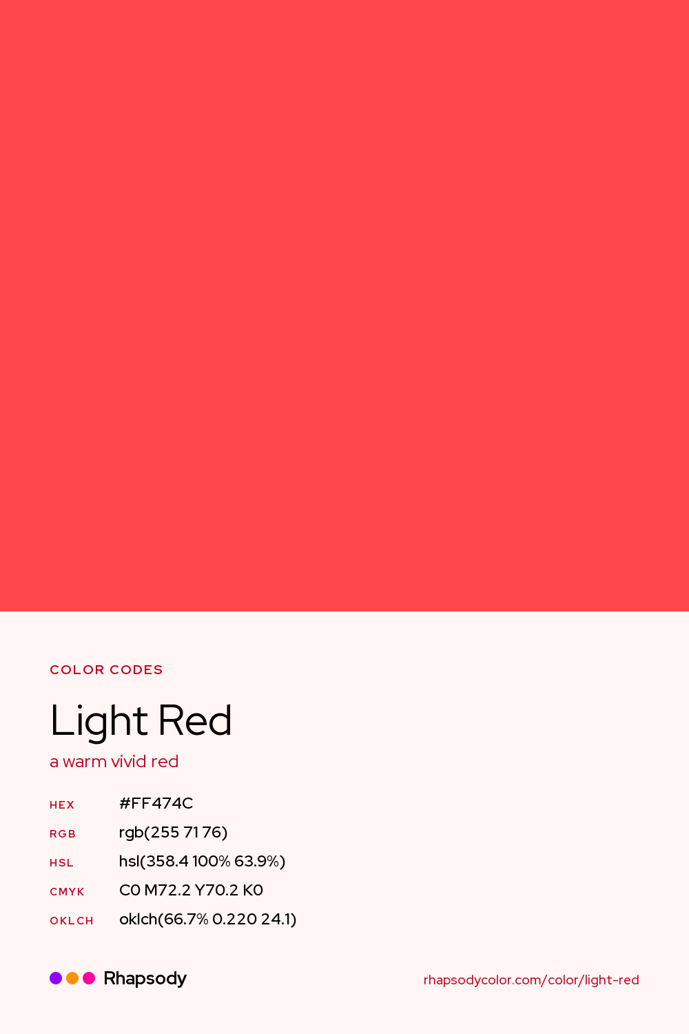 Light Red color codes: hex #FF474C, RGB, HSL, CMYK, and OKLCH, from Rhapsody
