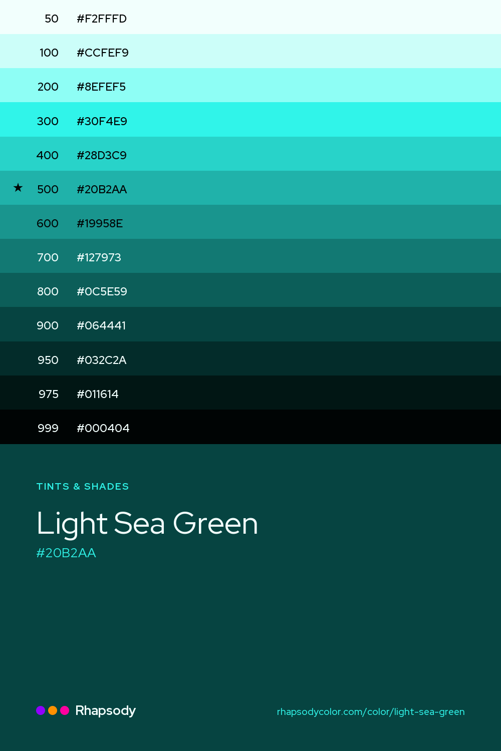 The full tonal scale of Light Sea Green, 13 steps from light to dark with every hex, from Rhapsody