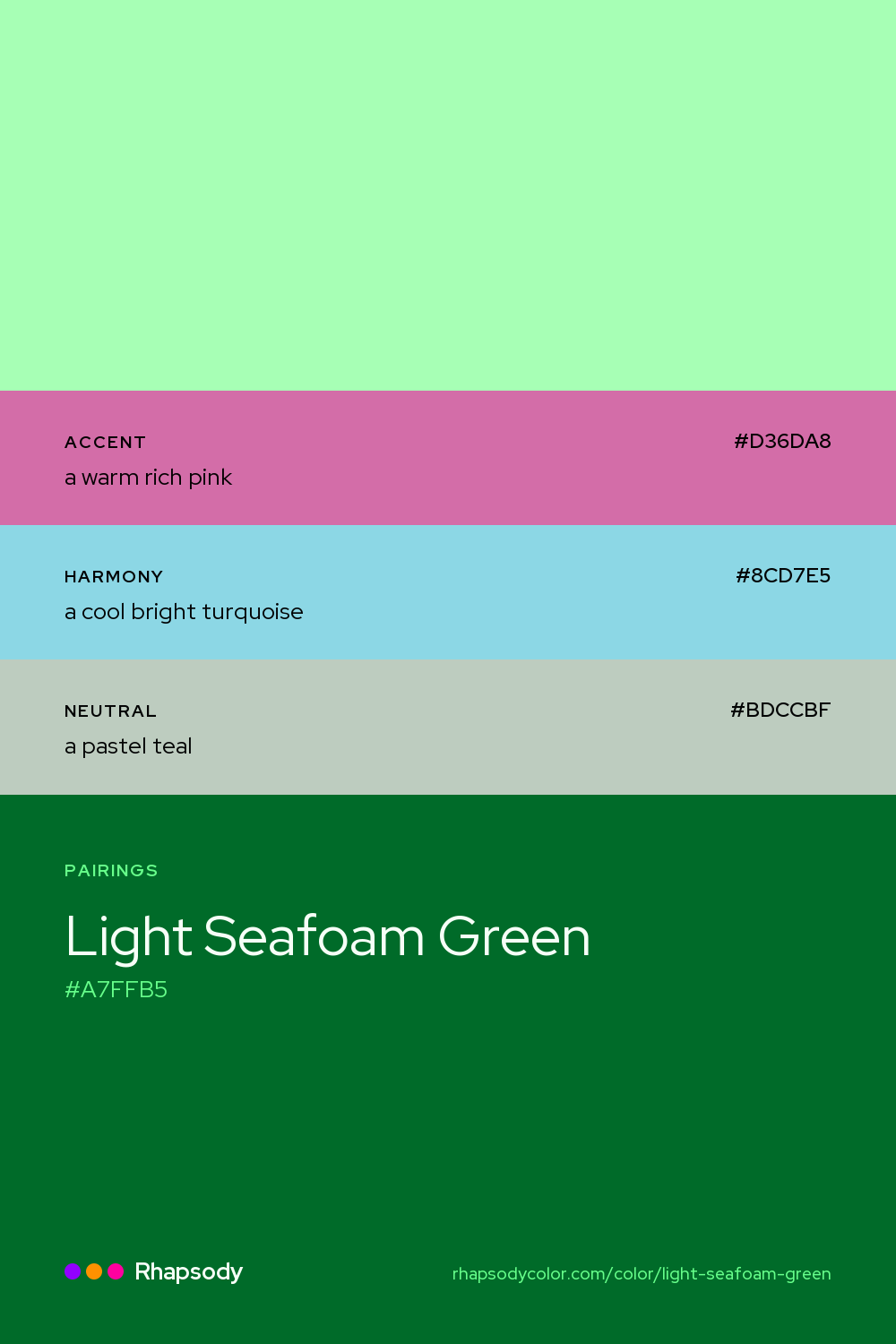Light Seafoam Green paired with a warm rich pink #D36DA8, a cool bright turquoise #8CD7E5, a pastel teal #BDCCBF: hex values and roles, from Rhapsody