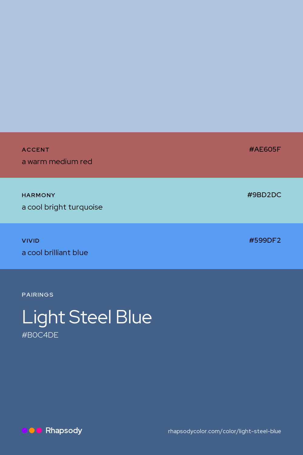 Light Steel Blue paired with a warm medium red #AE605F, a cool bright turquoise #9BD2DC, a cool brilliant blue #599DF2: hex values and roles, from Rhapsody