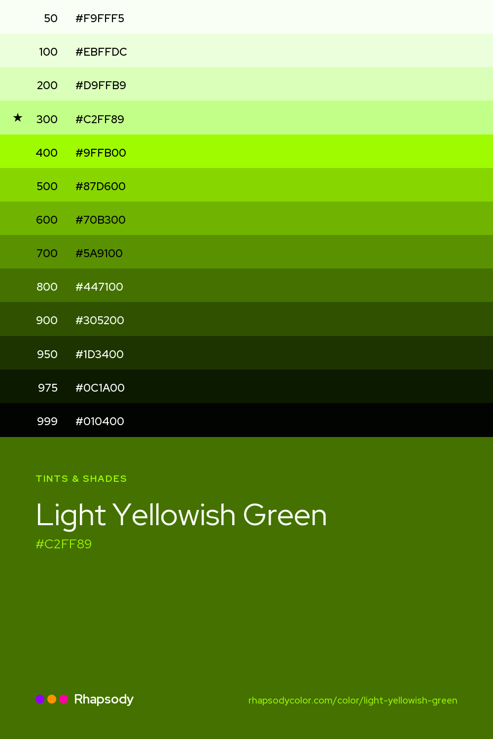The full tonal scale of Light Yellowish Green, 13 steps from light to dark with every hex, from Rhapsody
