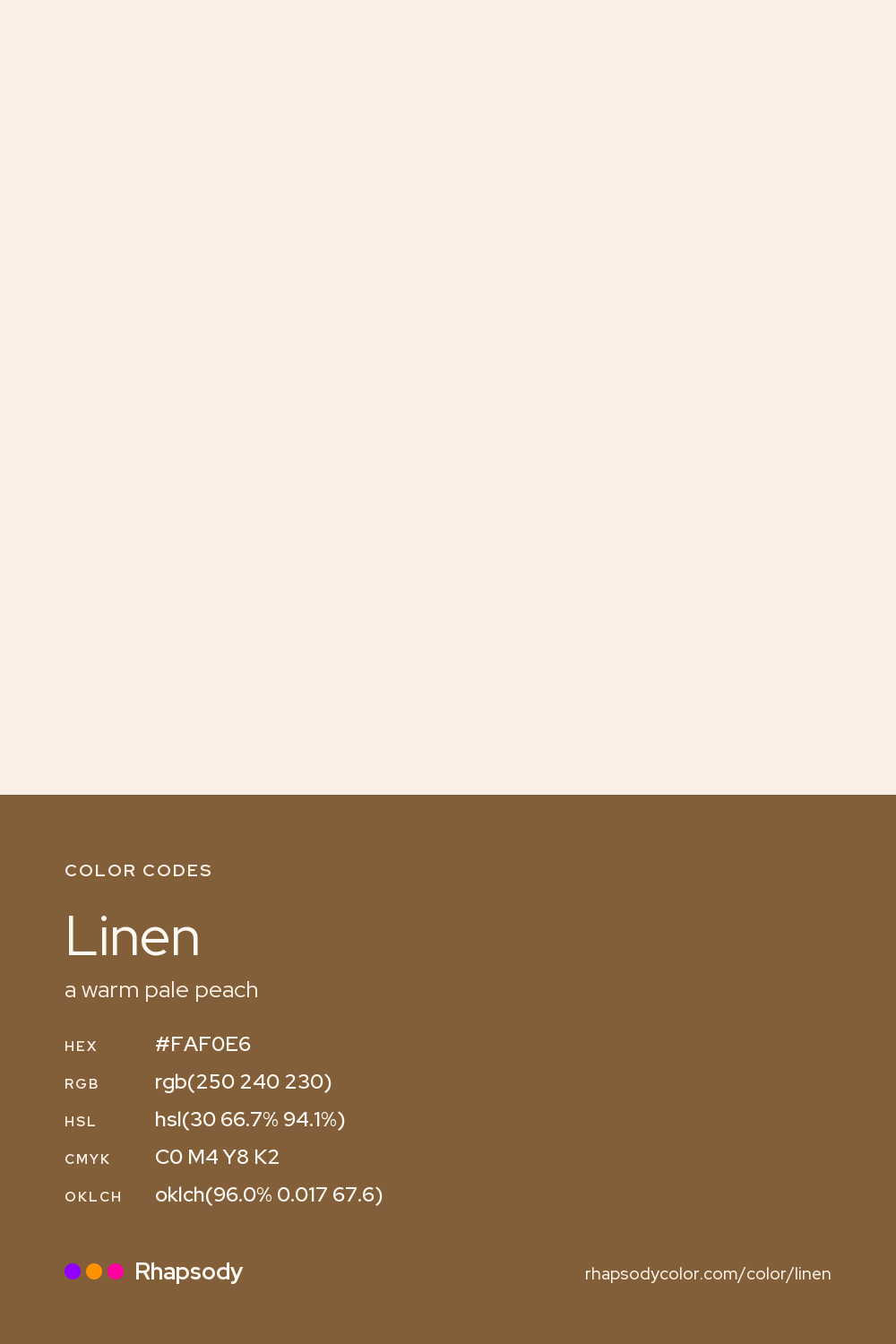 Linen color codes: hex #FAF0E6, RGB, HSL, CMYK, and OKLCH, from Rhapsody