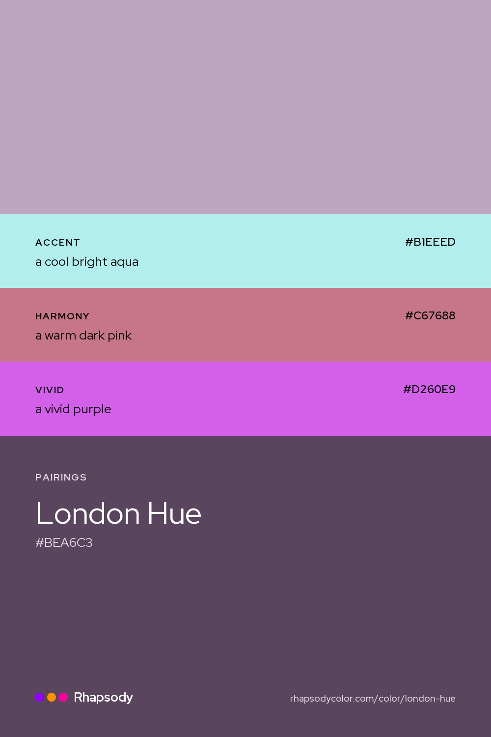 London Hue paired with a cool bright aqua #B1EEED, a warm dark pink #C67688, a vivid purple #D260E9: hex values and roles, from Rhapsody