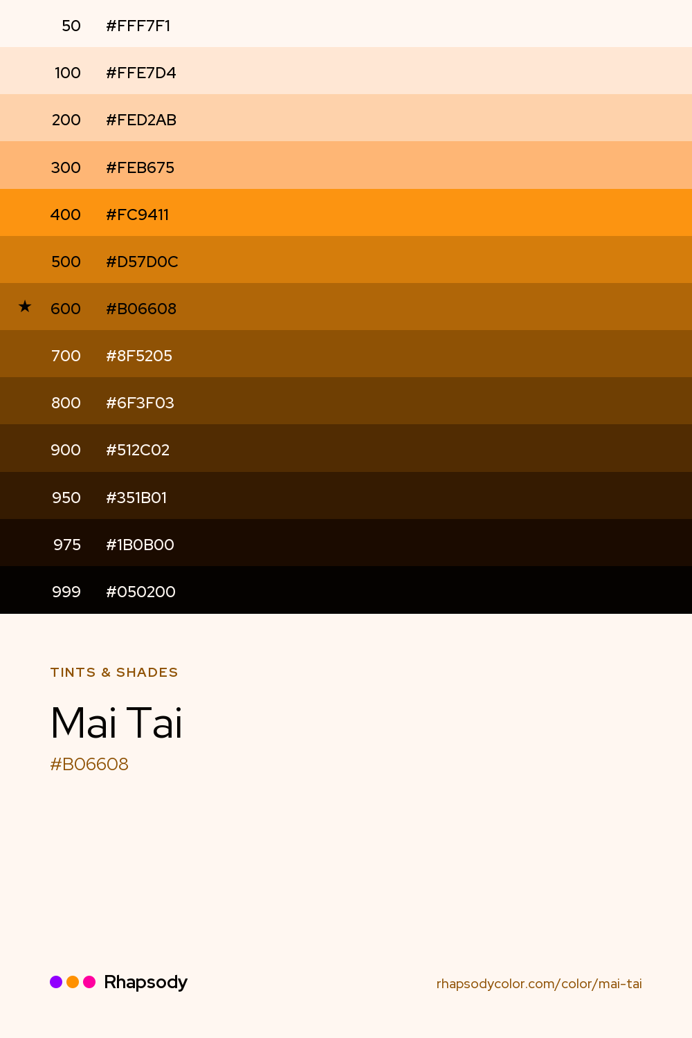 The full tonal scale of Mai Tai, 13 steps from light to dark with every hex, from Rhapsody
