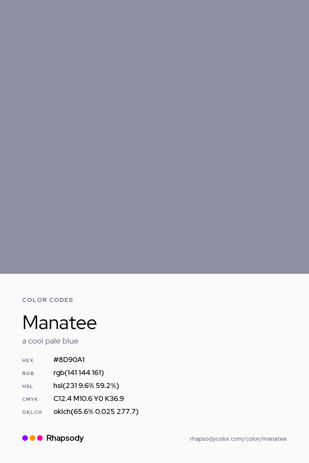 Manatee color codes: hex #8D90A1, RGB, HSL, CMYK, and OKLCH, from Rhapsody