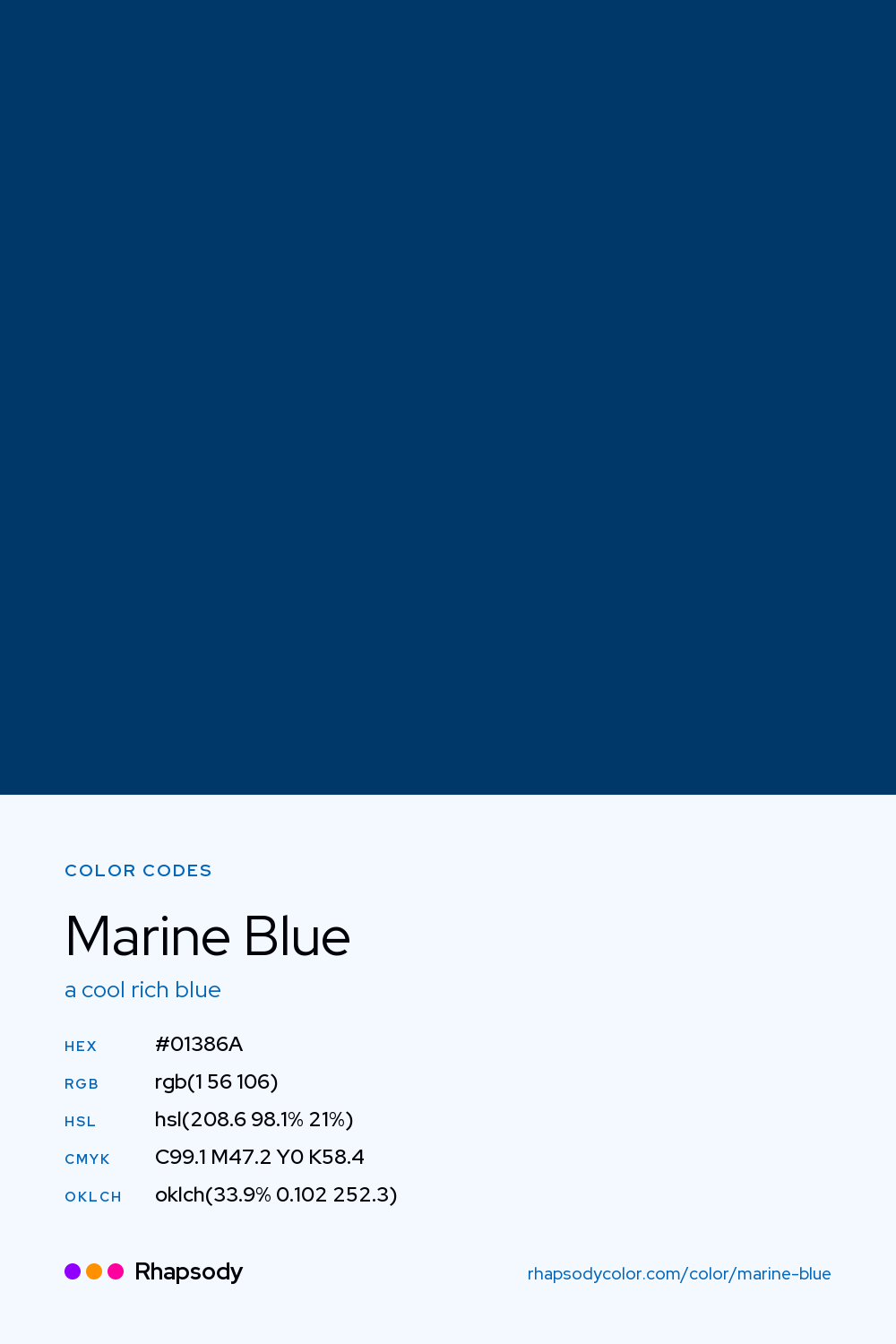 Marine Blue color codes: hex #01386A, RGB, HSL, CMYK, and OKLCH, from Rhapsody