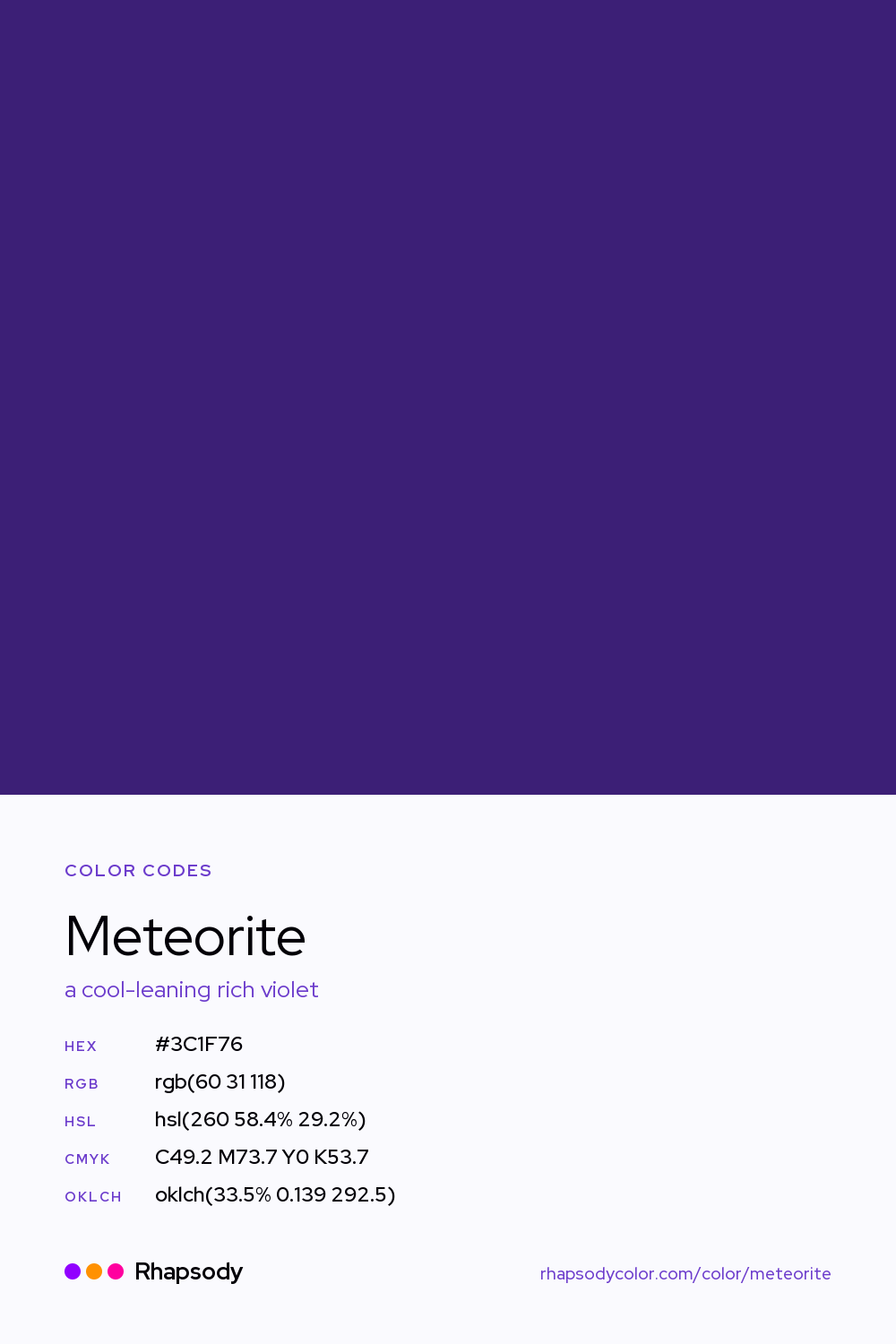 Meteorite color codes: hex #3C1F76, RGB, HSL, CMYK, and OKLCH, from Rhapsody