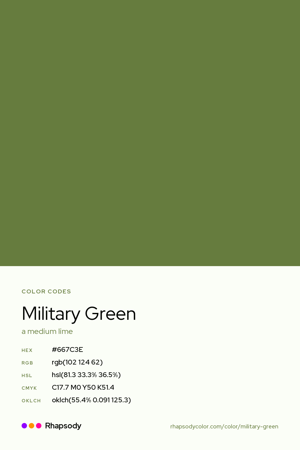 Military Green color codes: hex #667C3E, RGB, HSL, CMYK, and OKLCH, from Rhapsody