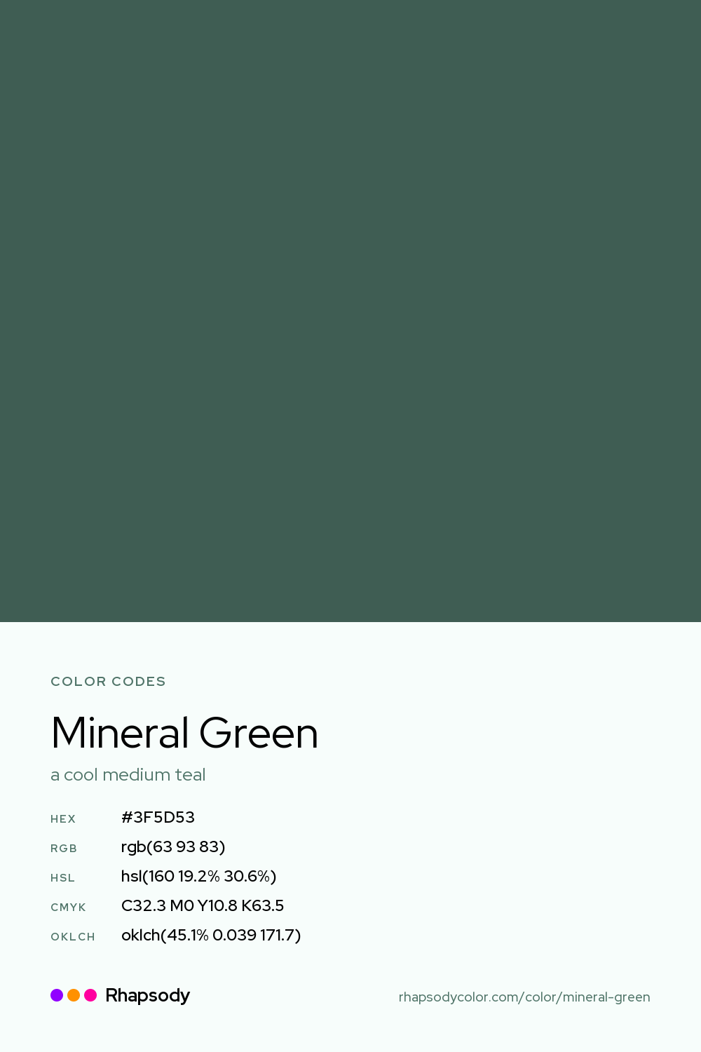 Mineral Green color codes: hex #3F5D53, RGB, HSL, CMYK, and OKLCH, from Rhapsody