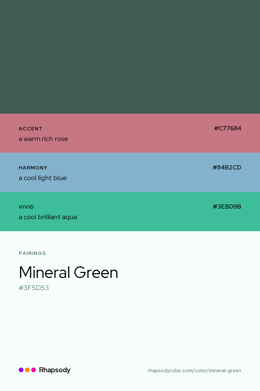Mineral Green paired with a warm rich rose #C77684, a cool light blue #84B2CD, a cool brilliant aqua #3EBD9B: hex values and roles, from Rhapsody
