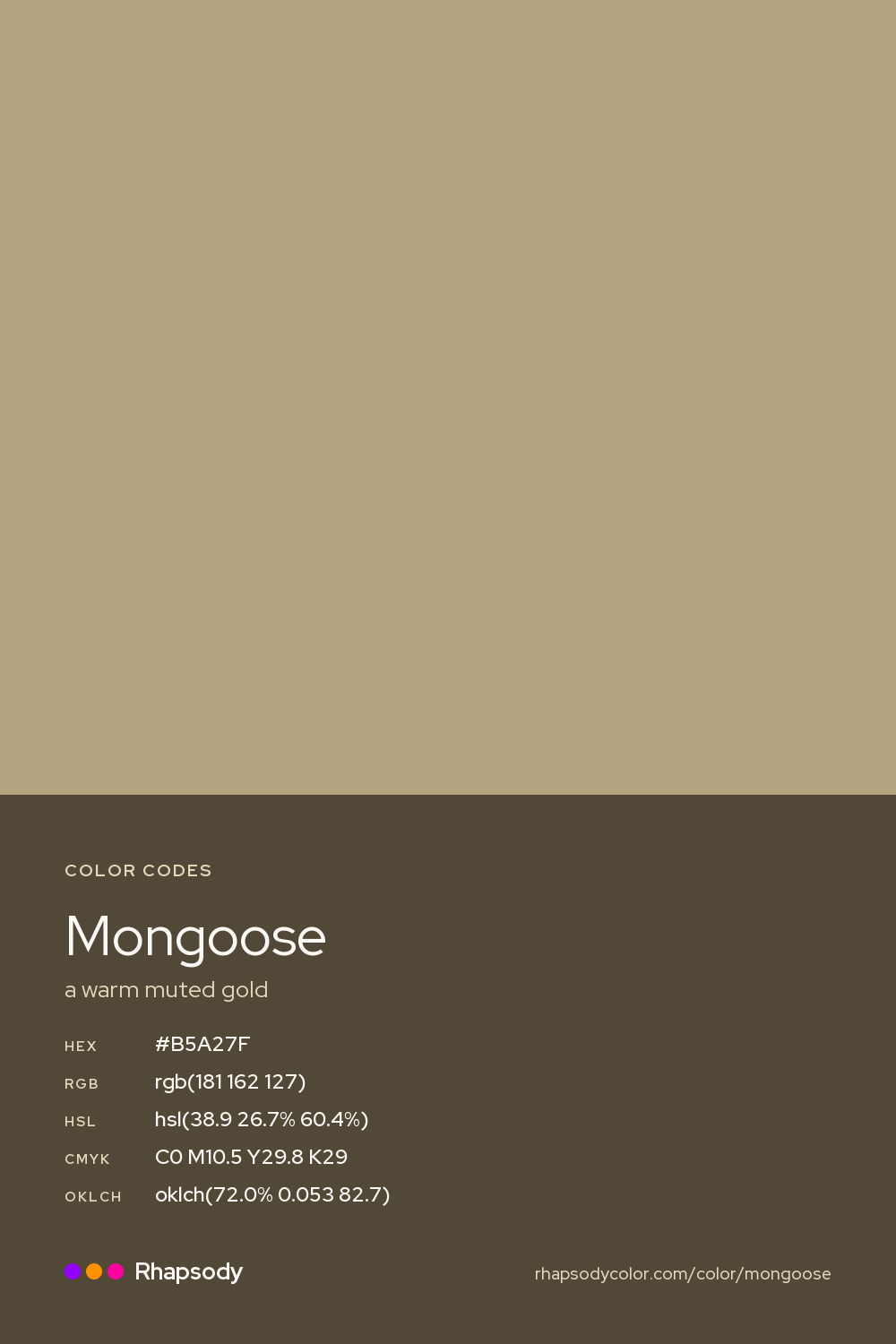 Mongoose color codes: hex #B5A27F, RGB, HSL, CMYK, and OKLCH, from Rhapsody