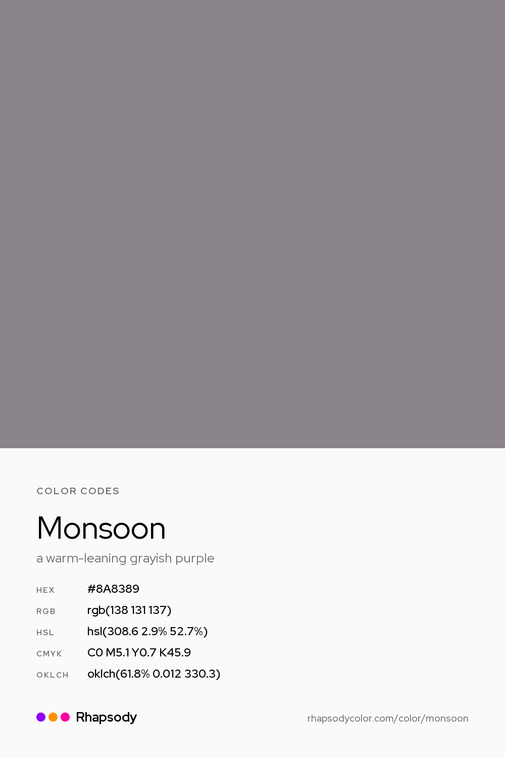 Monsoon color codes: hex #8A8389, RGB, HSL, CMYK, and OKLCH, from Rhapsody