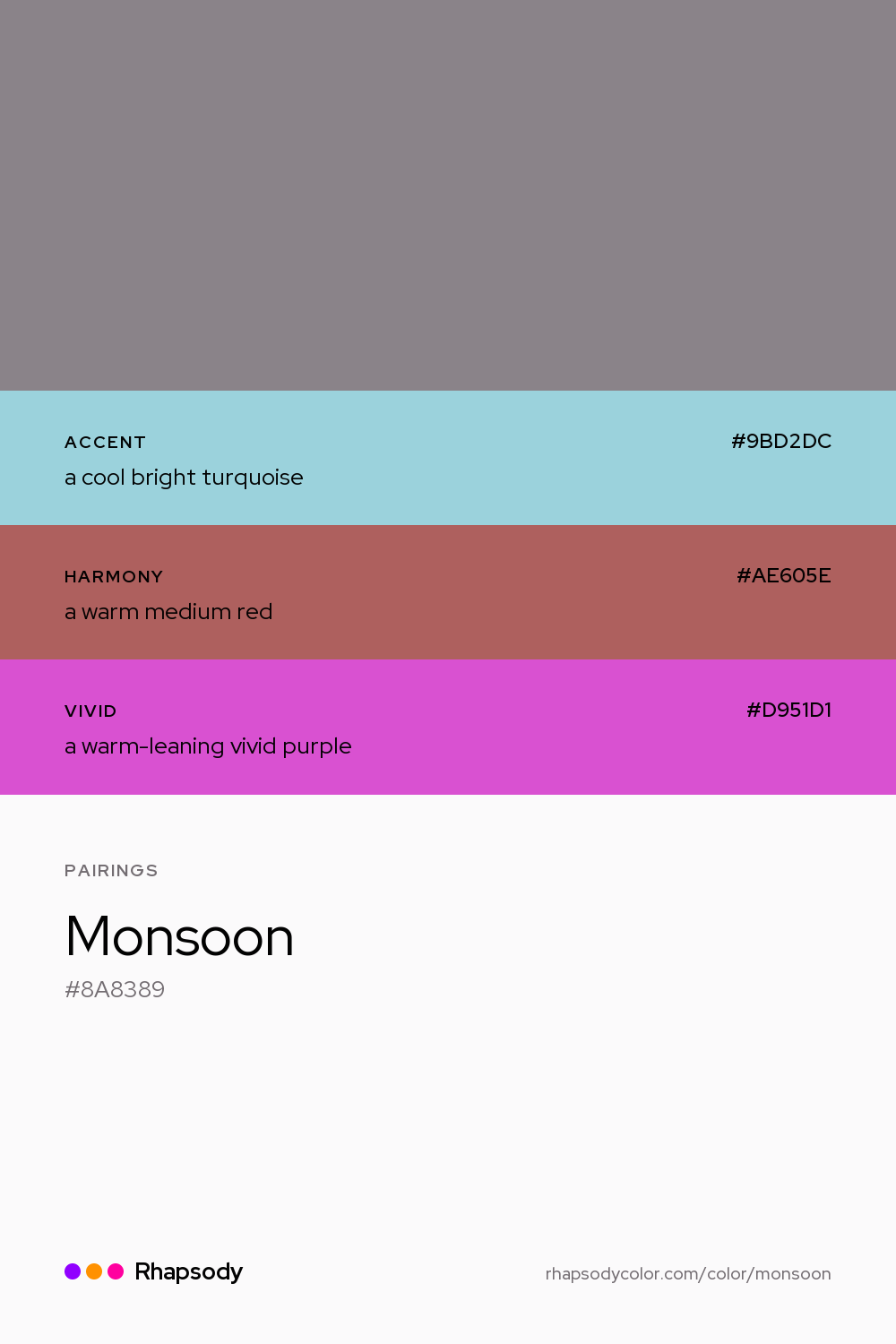 Monsoon paired with a cool bright turquoise #9BD2DC, a warm medium red #AE605E, a warm-leaning vivid purple #D951D1: hex values and roles, from Rhapsody