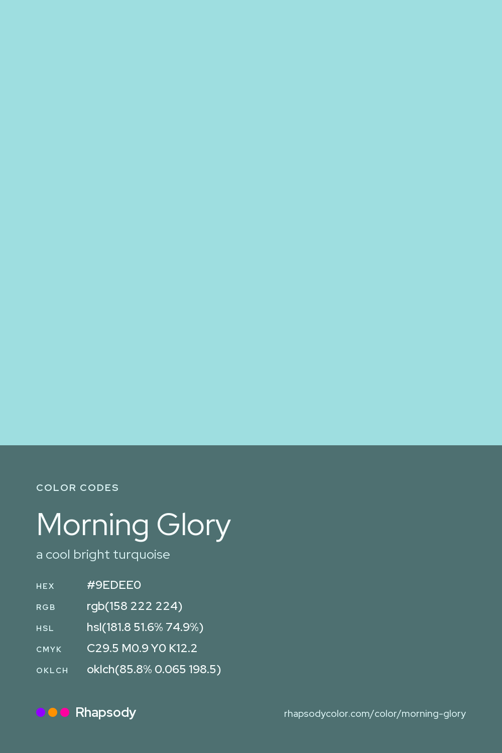 Morning Glory color codes: hex #9EDEE0, RGB, HSL, CMYK, and OKLCH, from Rhapsody