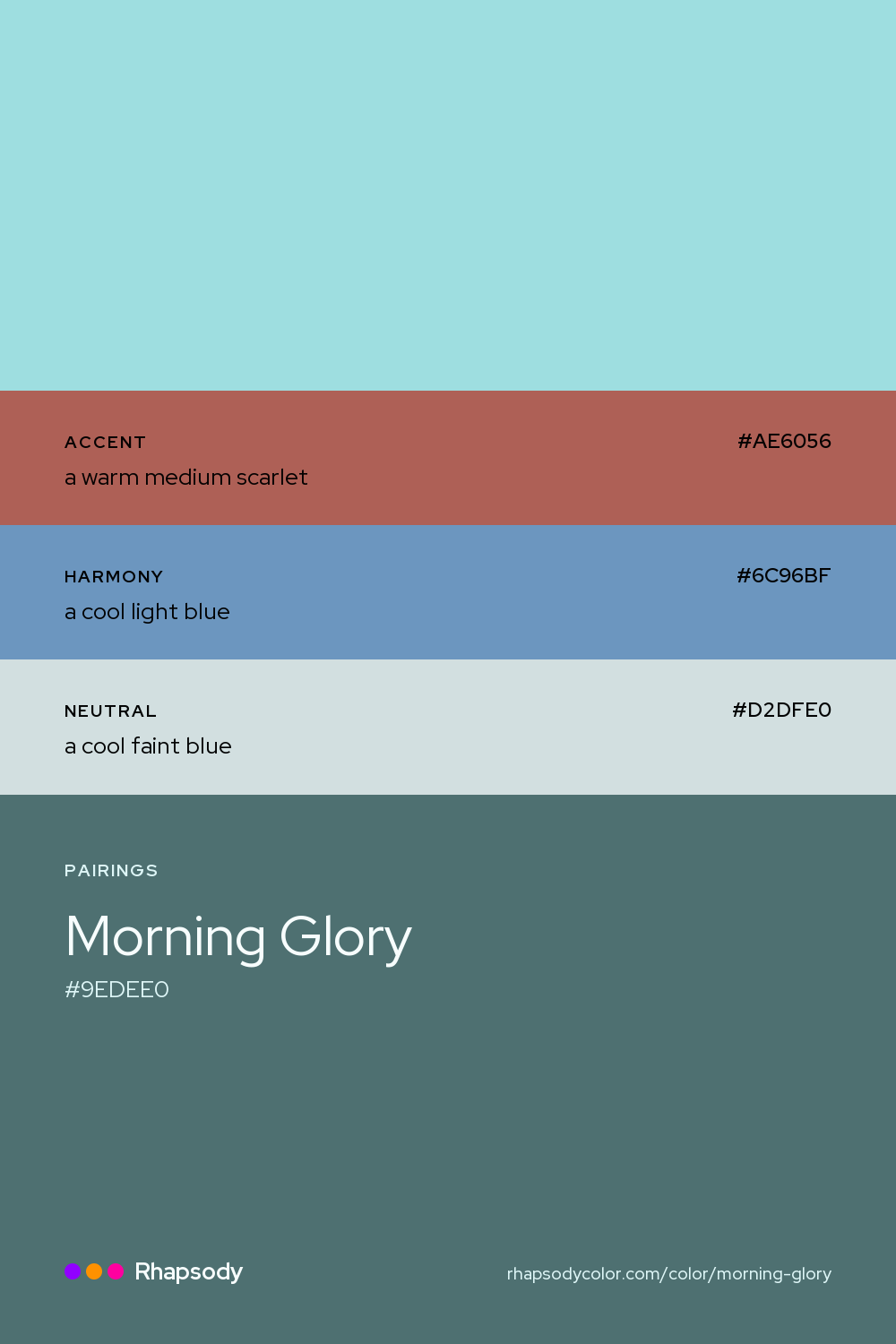 Morning Glory paired with a warm medium scarlet #AE6056, a cool light blue #6C96BF, a cool faint blue #D2DFE0: hex values and roles, from Rhapsody