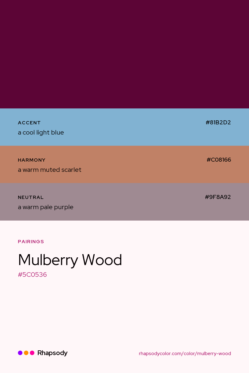 Mulberry Wood paired with a cool light blue #81B2D2, a warm muted scarlet #C08166, a warm pale purple #9F8A92: hex values and roles, from Rhapsody