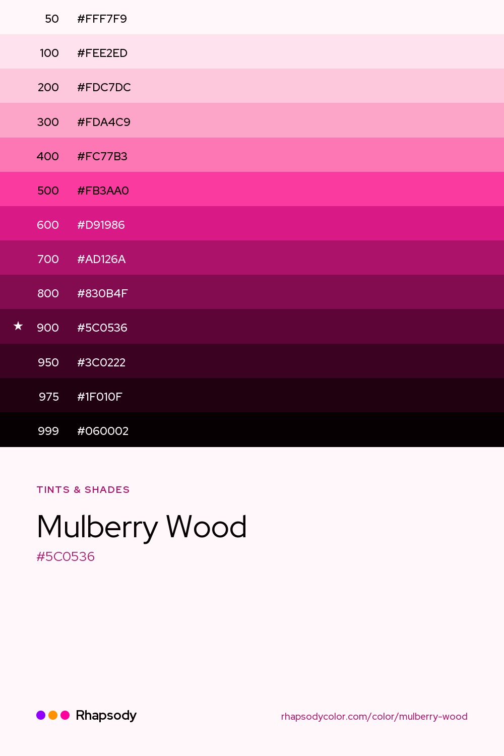 The full tonal scale of Mulberry Wood, 13 steps from light to dark with every hex, from Rhapsody