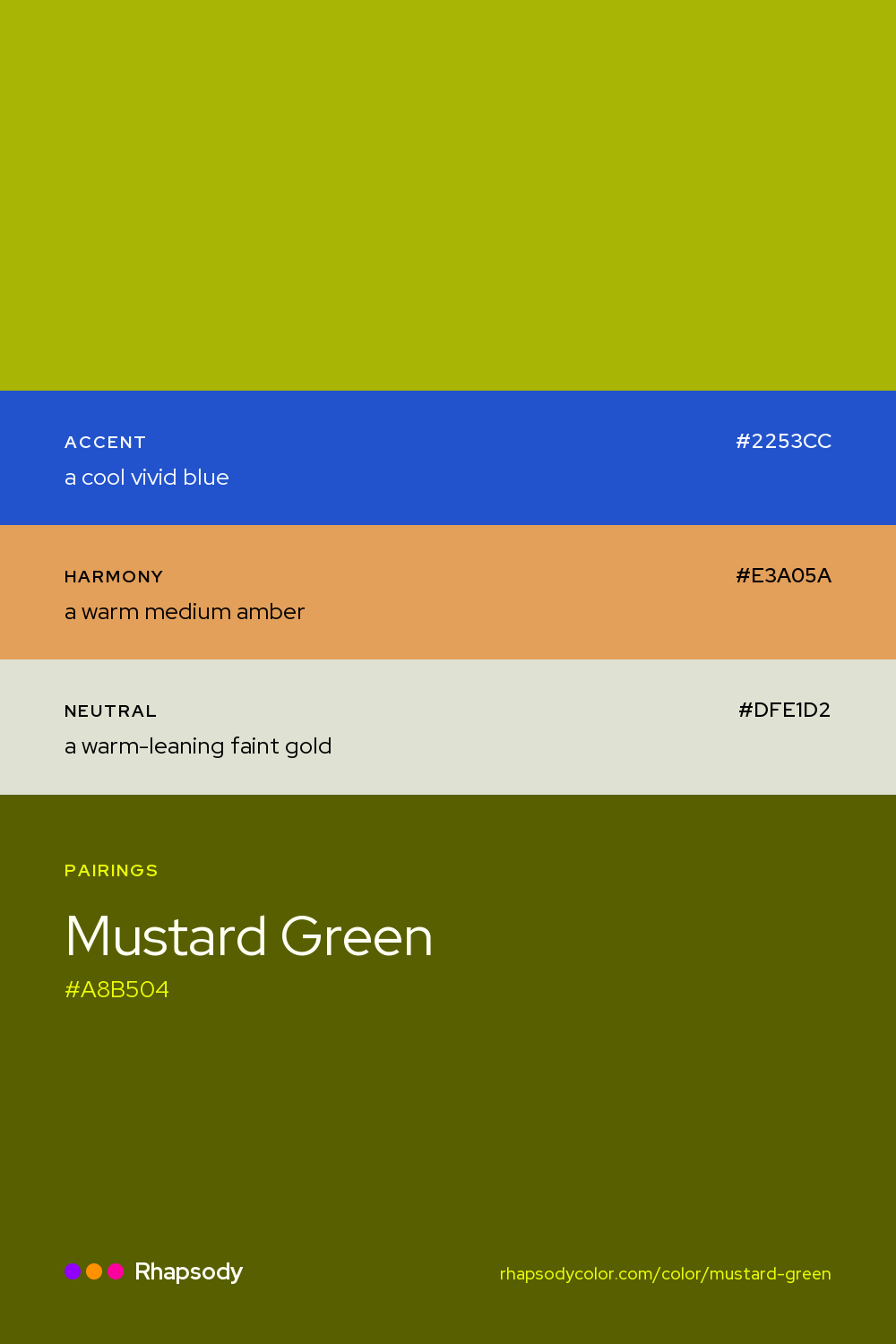 Mustard Green paired with a cool vivid blue #2253CC, a warm medium amber #E3A05A, a warm-leaning faint gold #DFE1D2: hex values and roles, from Rhapsody