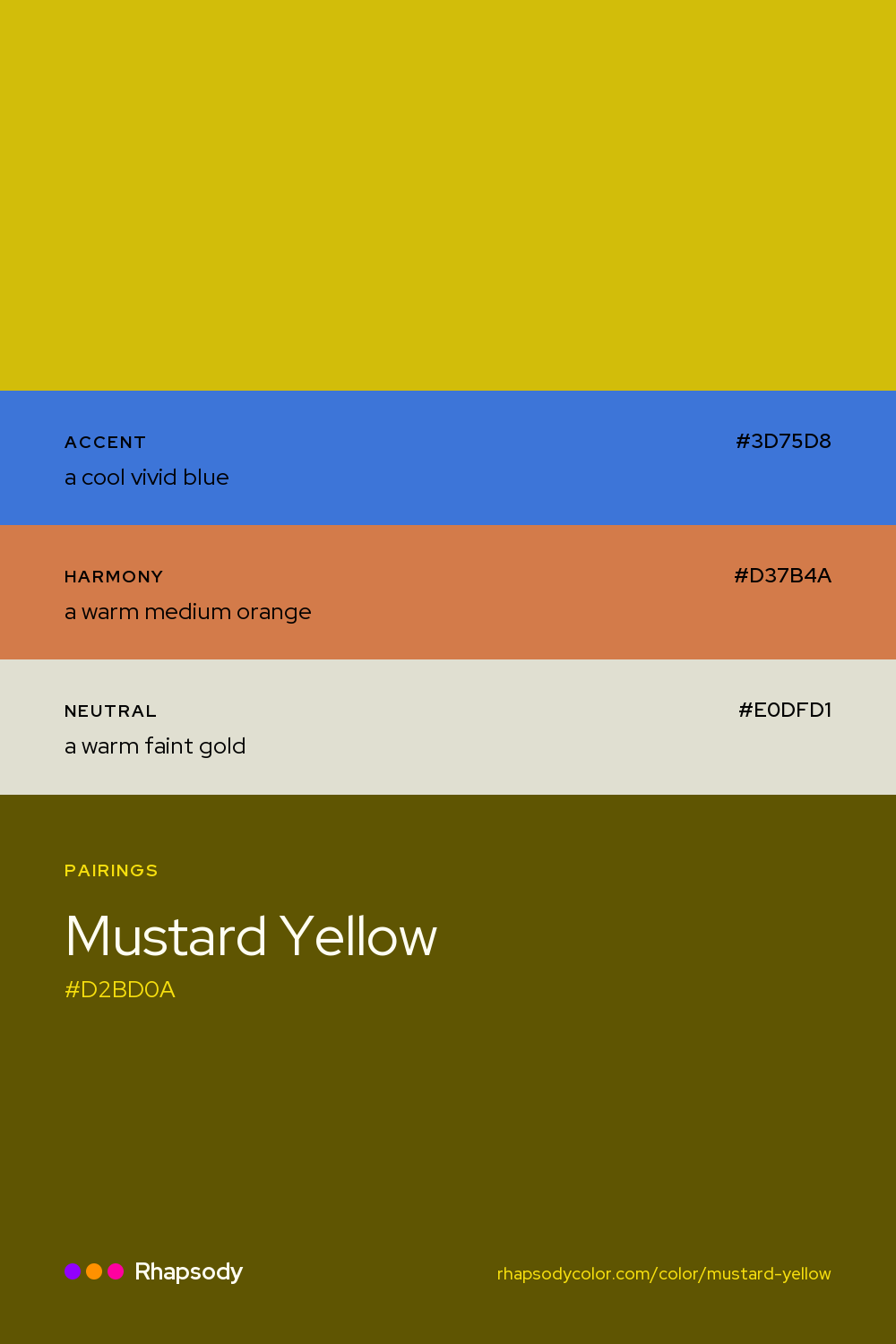 Mustard Yellow paired with a cool vivid blue #3D75D8, a warm medium orange #D37B4A, a warm faint gold #E0DFD1: hex values and roles, from Rhapsody
