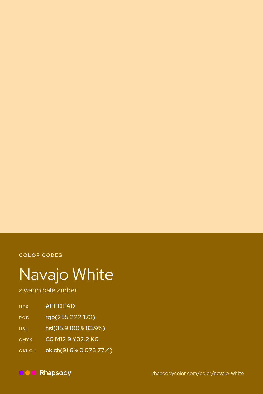Navajo White color codes: hex #FFDEAD, RGB, HSL, CMYK, and OKLCH, from Rhapsody