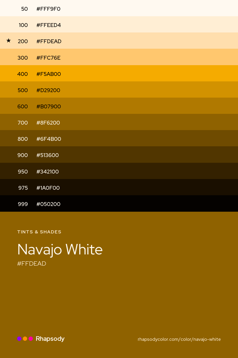 The full tonal scale of Navajo White, 13 steps from light to dark with every hex, from Rhapsody