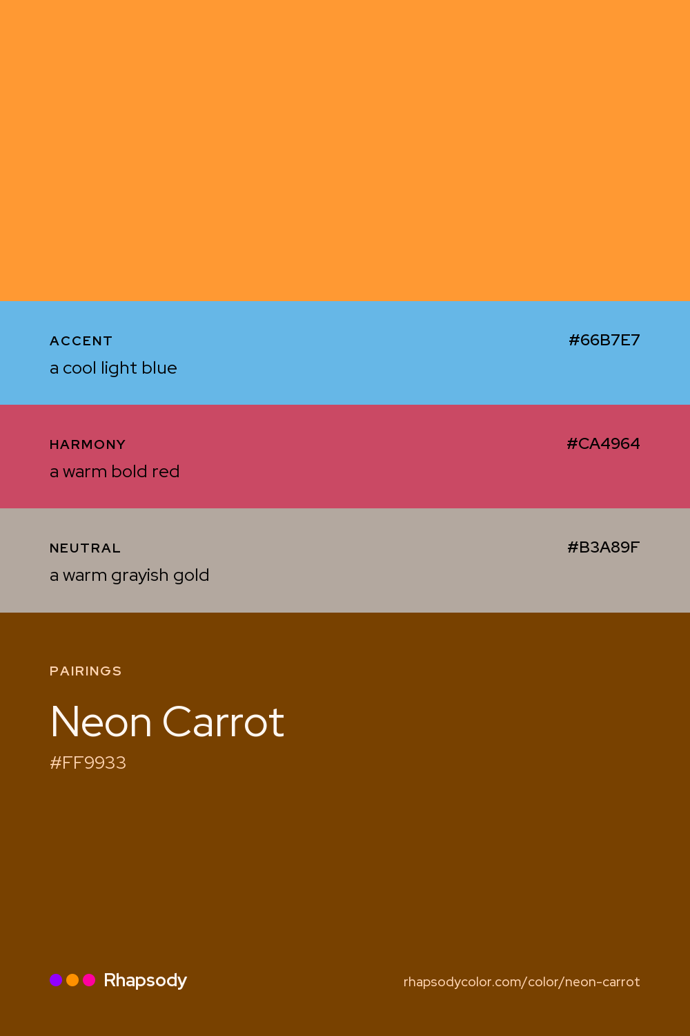 Neon Carrot paired with a cool light blue #66B7E7, a warm bold red #CA4964, a warm grayish gold #B3A89F: hex values and roles, from Rhapsody
