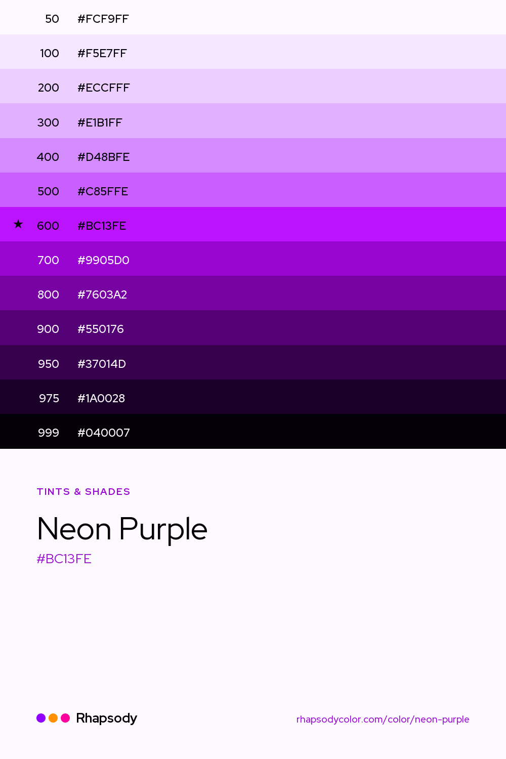 The full tonal scale of Neon Purple, 13 steps from light to dark with every hex, from Rhapsody