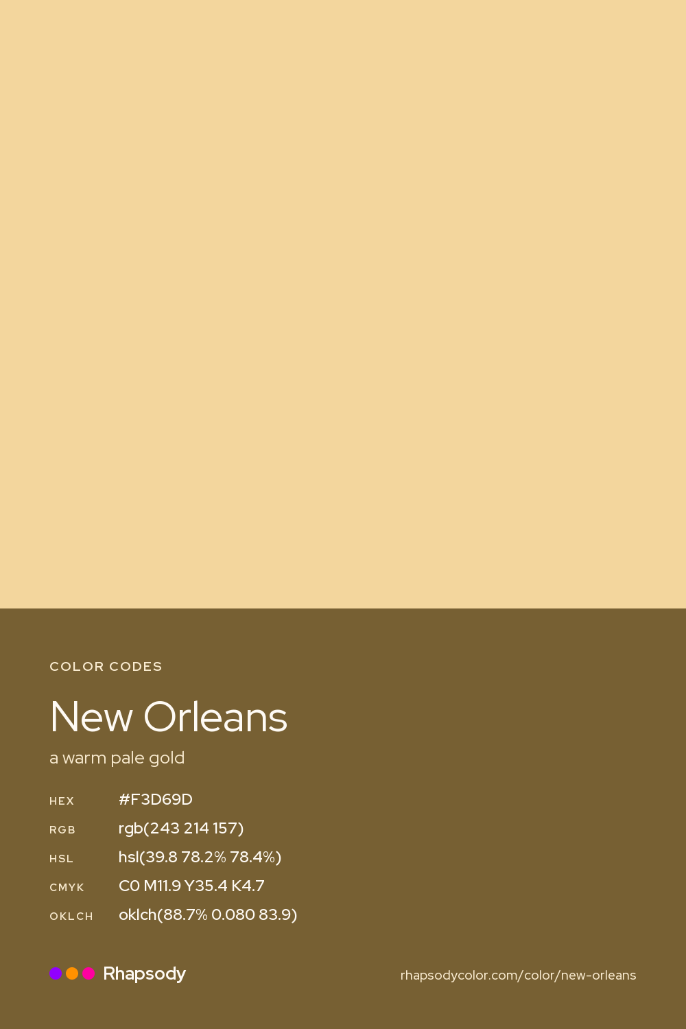 New Orleans color codes: hex #F3D69D, RGB, HSL, CMYK, and OKLCH, from Rhapsody