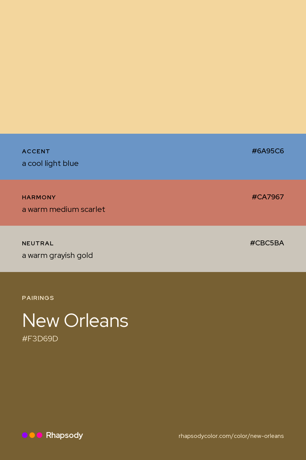 New Orleans paired with a cool light blue #6A95C6, a warm medium scarlet #CA7967, a warm grayish gold #CBC5BA: hex values and roles, from Rhapsody
