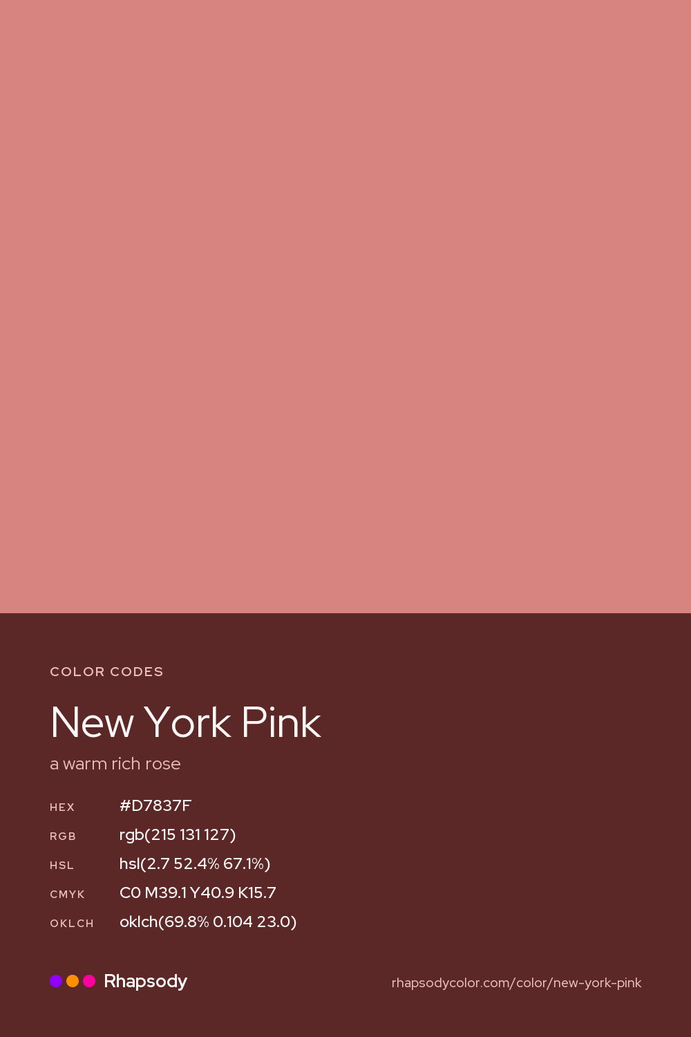 New York Pink color codes: hex #D7837F, RGB, HSL, CMYK, and OKLCH, from Rhapsody