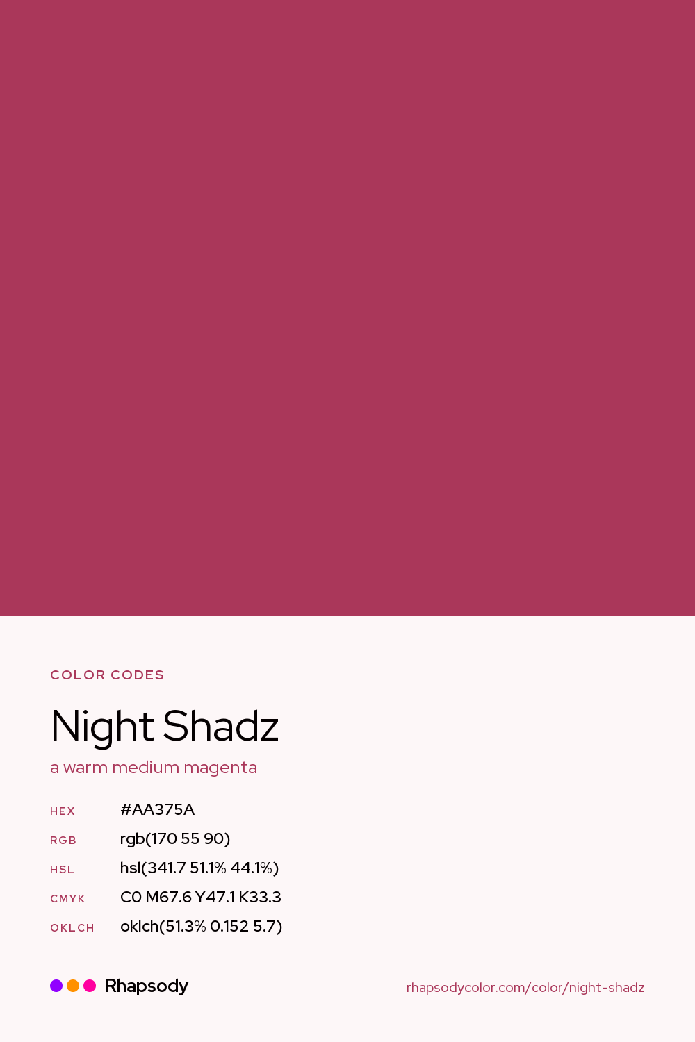 Night Shadz color codes: hex #AA375A, RGB, HSL, CMYK, and OKLCH, from Rhapsody