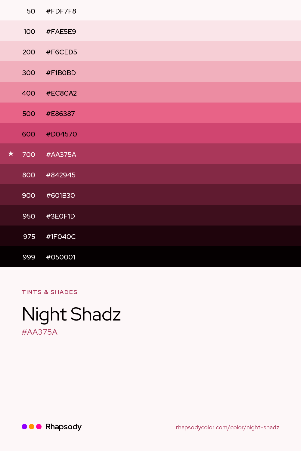 The full tonal scale of Night Shadz, 13 steps from light to dark with every hex, from Rhapsody