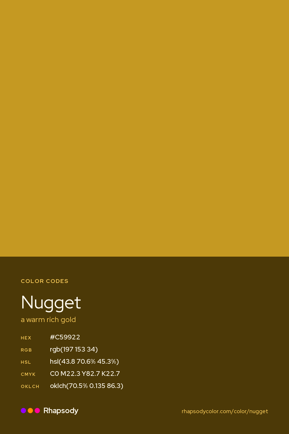 Nugget color codes: hex #C59922, RGB, HSL, CMYK, and OKLCH, from Rhapsody