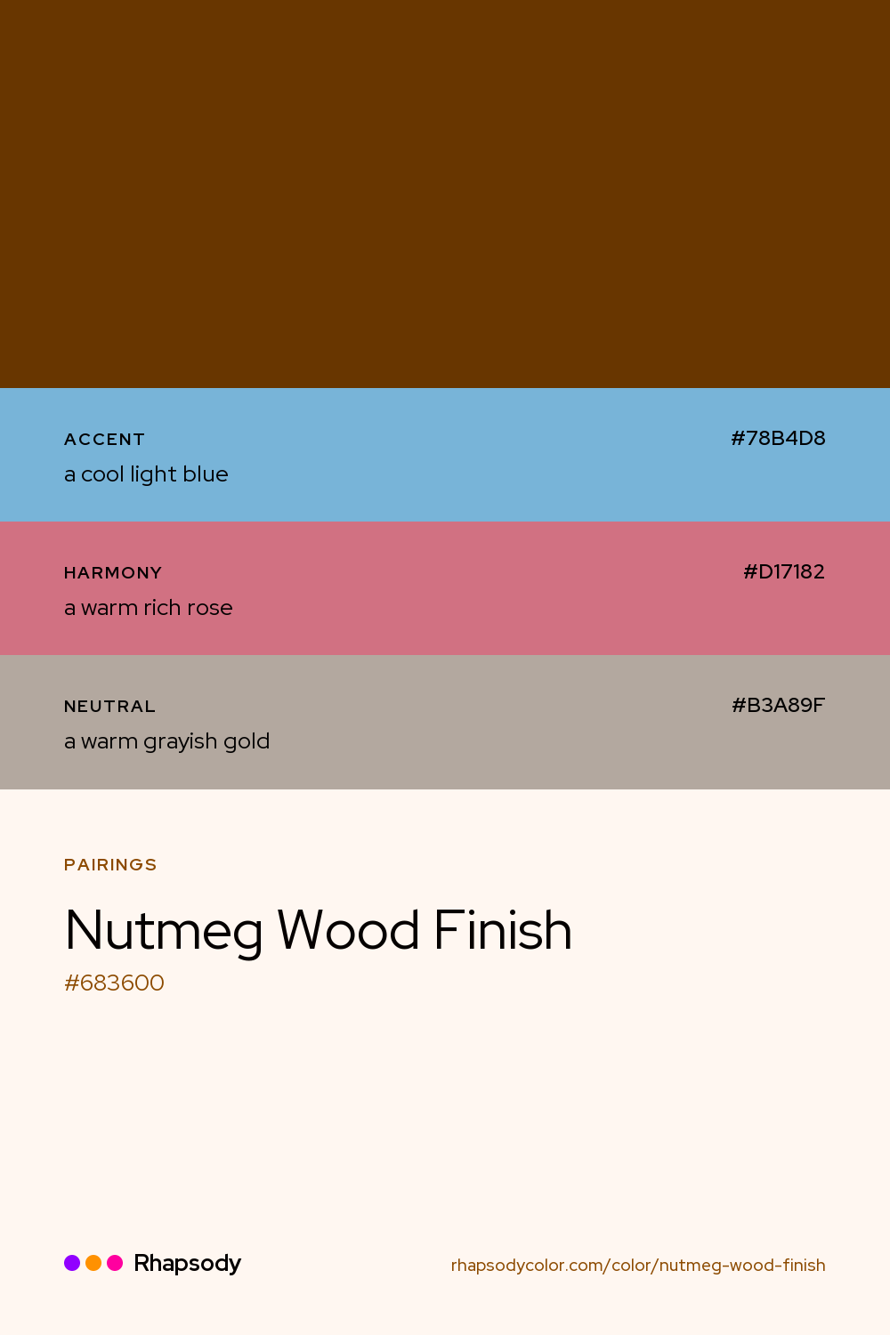 Nutmeg Wood Finish paired with a cool light blue #78B4D8, a warm rich rose #D17182, a warm grayish gold #B3A89F: hex values and roles, from Rhapsody