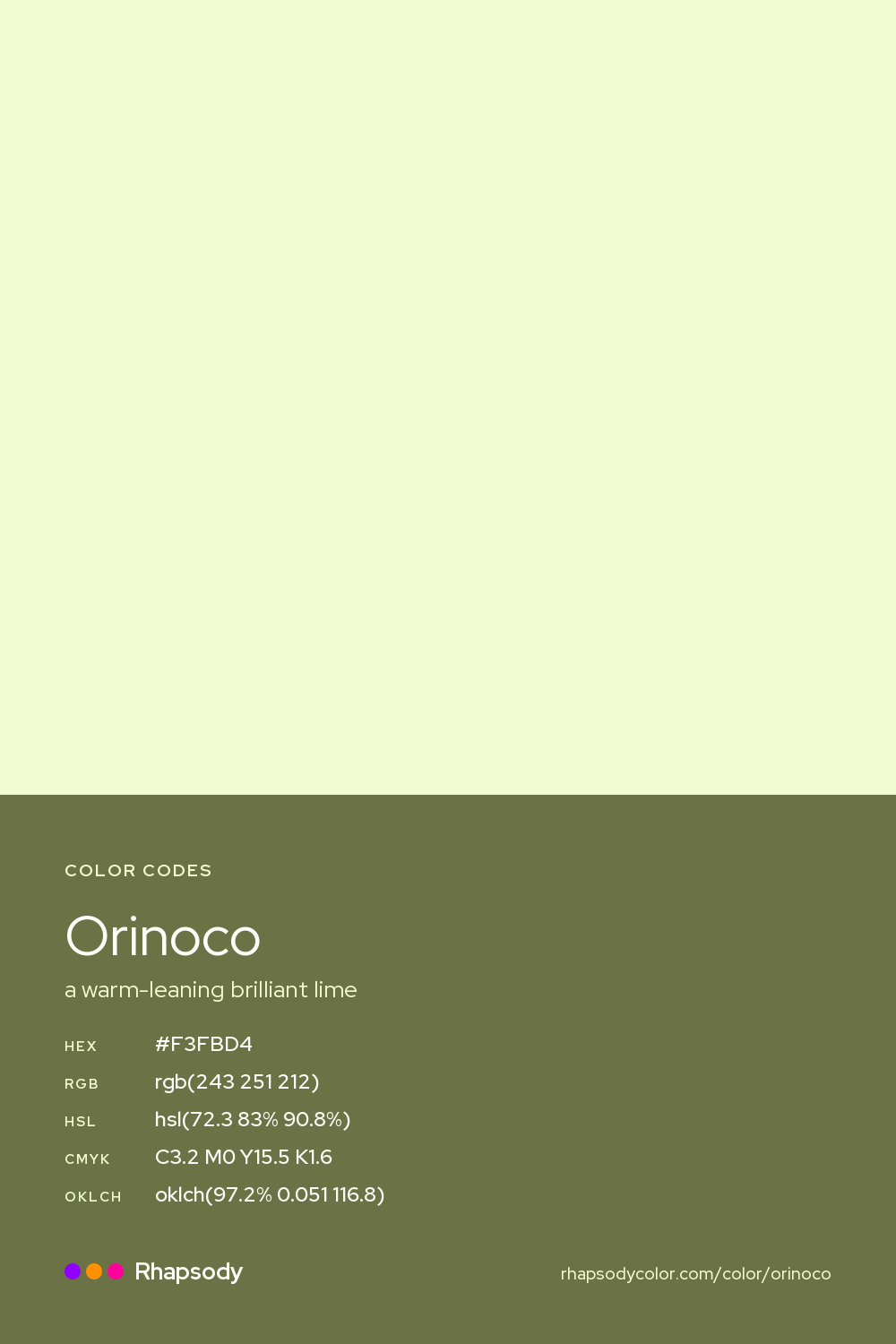 Orinoco color codes: hex #F3FBD4, RGB, HSL, CMYK, and OKLCH, from Rhapsody