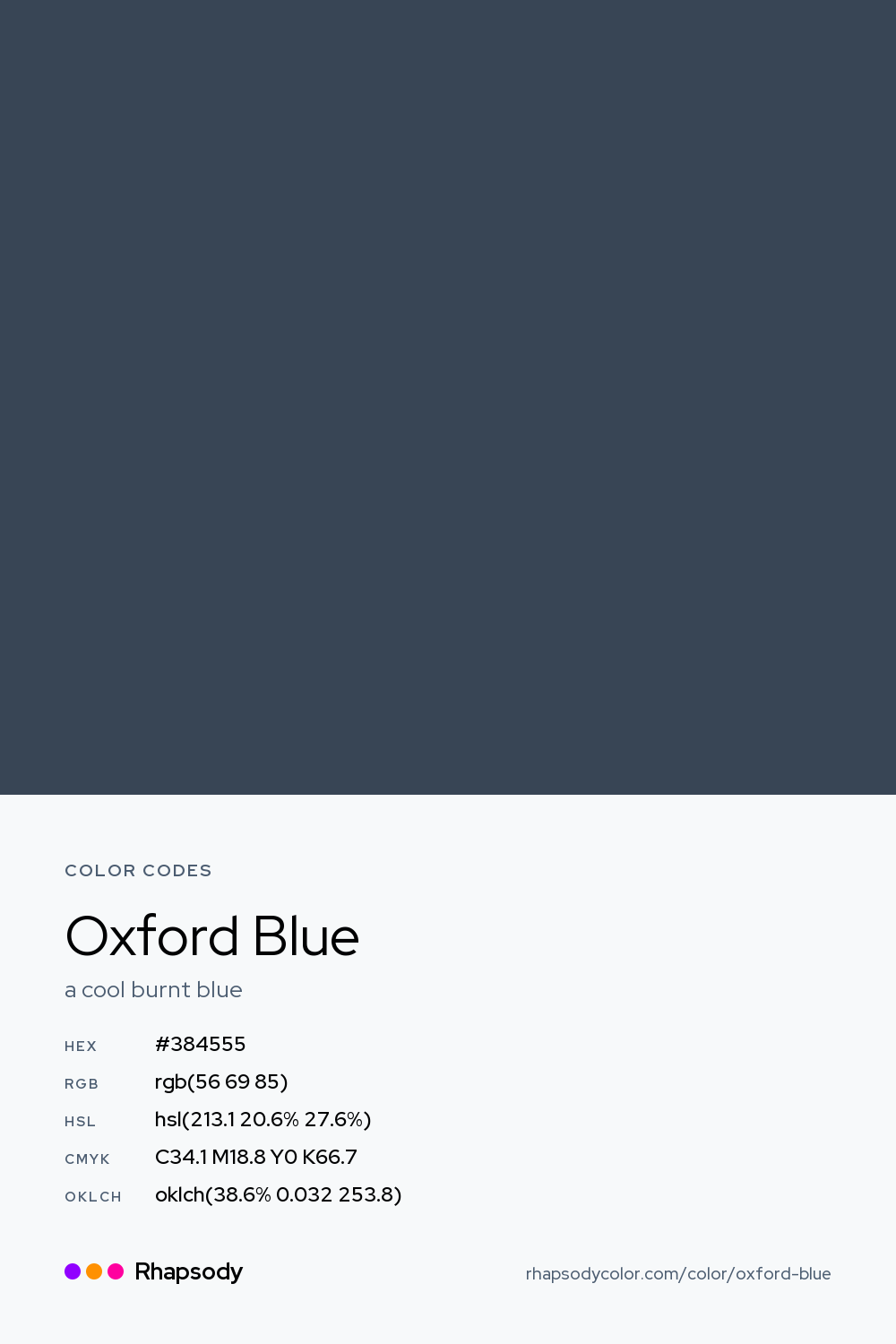 Oxford Blue color codes: hex #384555, RGB, HSL, CMYK, and OKLCH, from Rhapsody