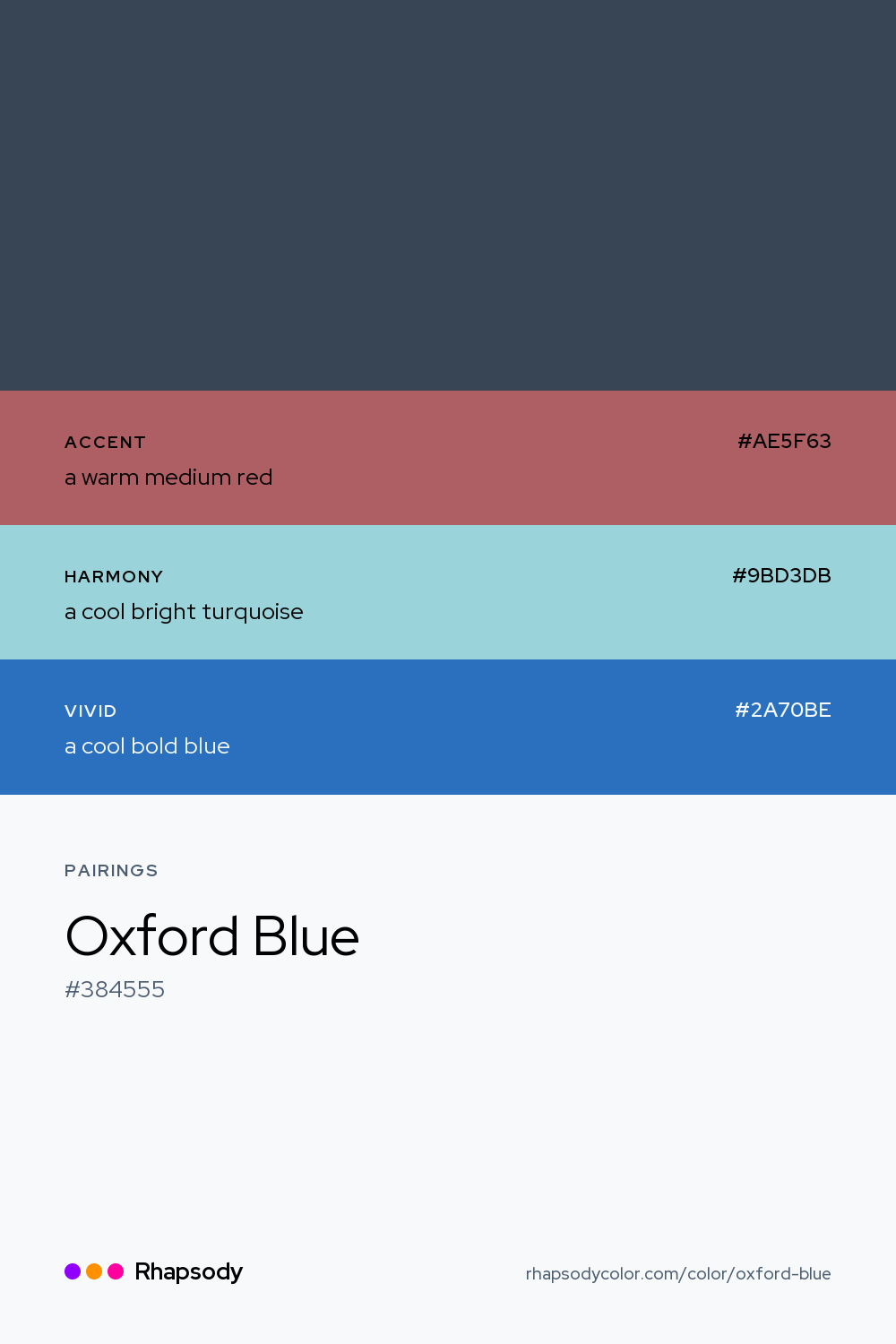 Oxford Blue paired with a warm medium red #AE5F63, a cool bright turquoise #9BD3DB, a cool bold blue #2A70BE: hex values and roles, from Rhapsody