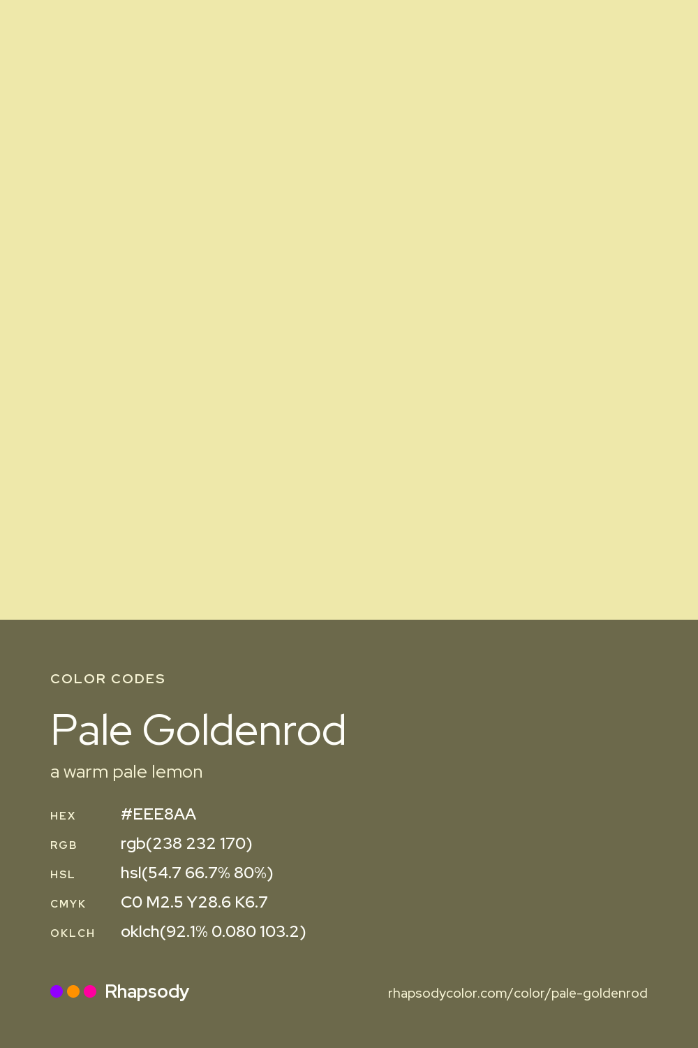 Pale Goldenrod color codes: hex #EEE8AA, RGB, HSL, CMYK, and OKLCH, from Rhapsody