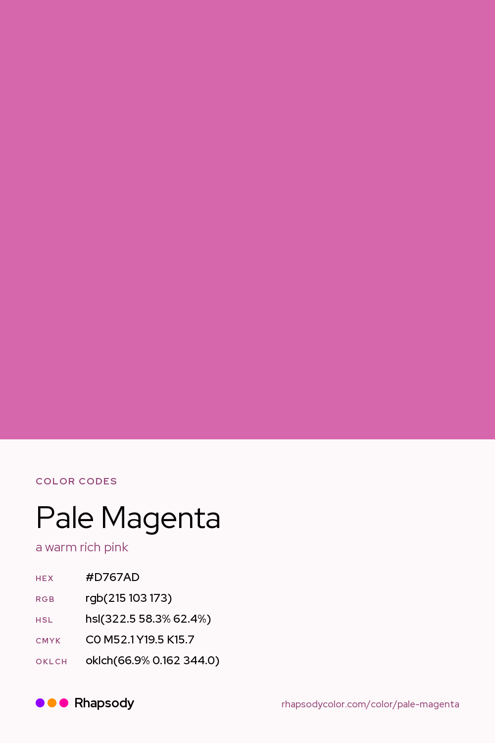 Pale Magenta color codes: hex #D767AD, RGB, HSL, CMYK, and OKLCH, from Rhapsody
