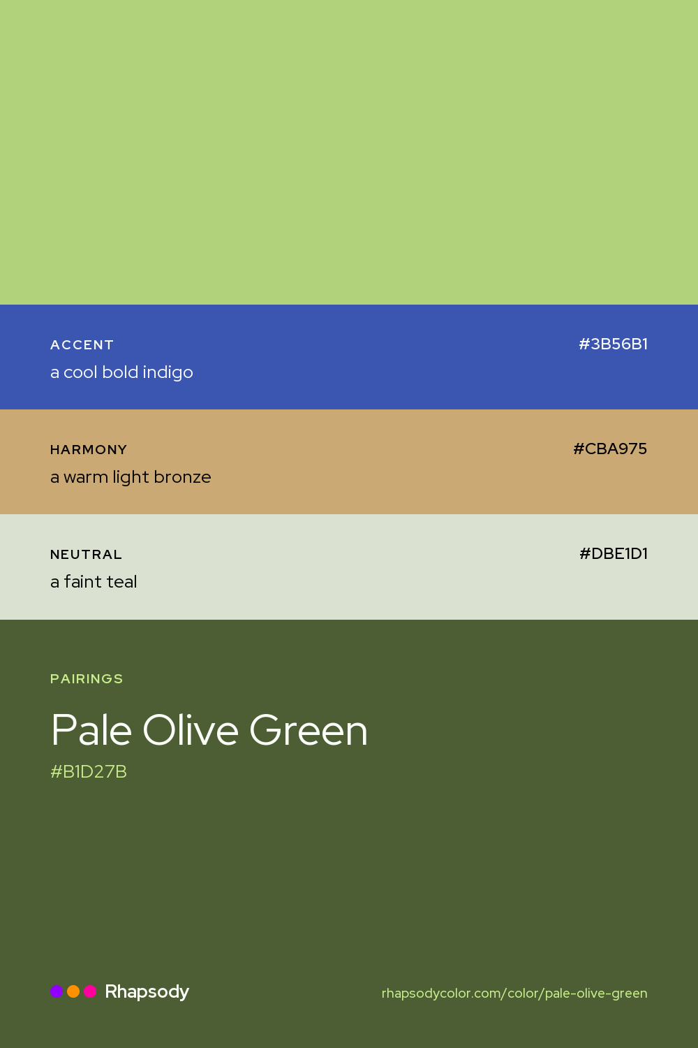 Pale Olive Green paired with a cool bold indigo #3B56B1, a warm light bronze #CBA975, a faint teal #DBE1D1: hex values and roles, from Rhapsody
