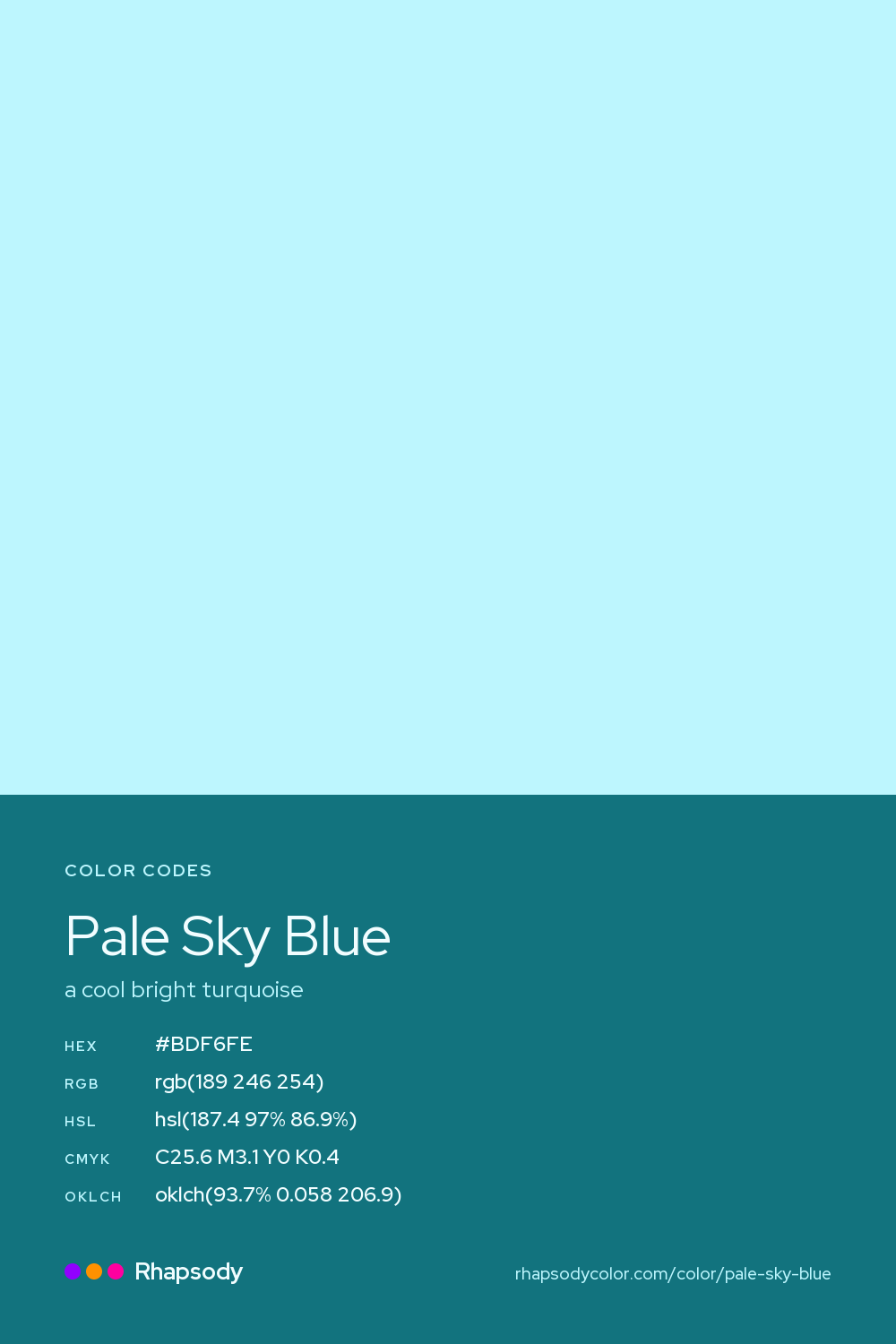 Pale Sky Blue color codes: hex #BDF6FE, RGB, HSL, CMYK, and OKLCH, from Rhapsody