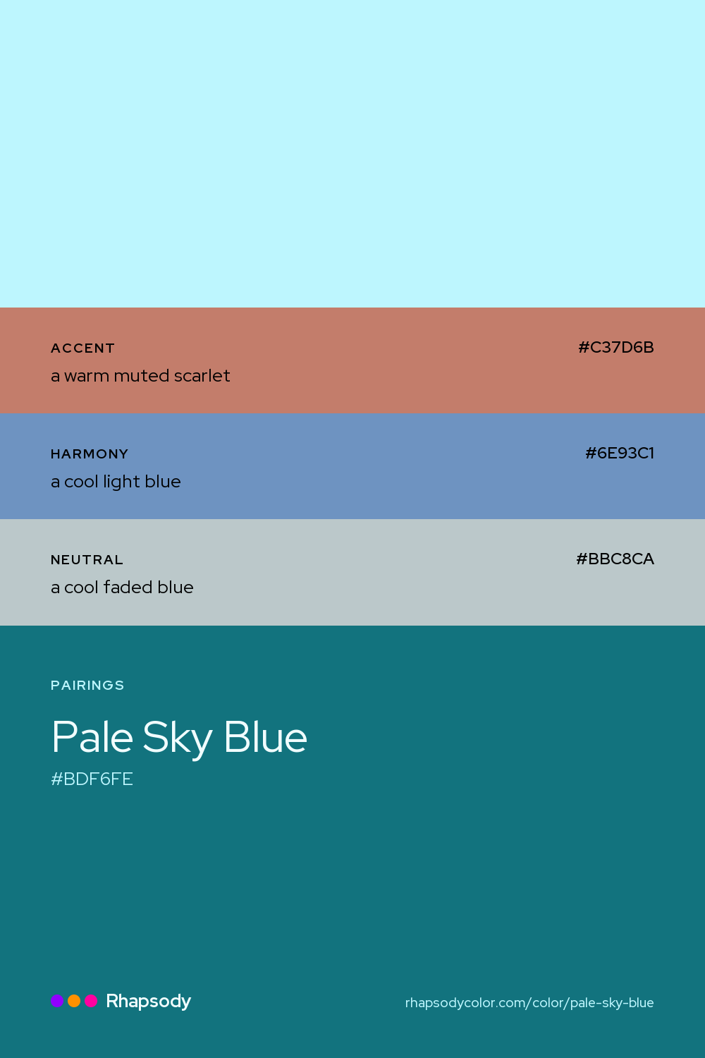 Pale Sky Blue paired with a warm muted scarlet #C37D6B, a cool light blue #6E93C1, a cool faded blue #BBC8CA: hex values and roles, from Rhapsody