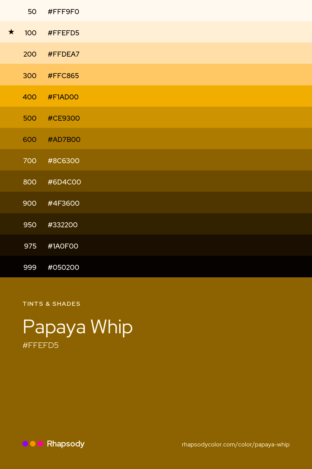 The full tonal scale of Papaya Whip, 13 steps from light to dark with every hex, from Rhapsody