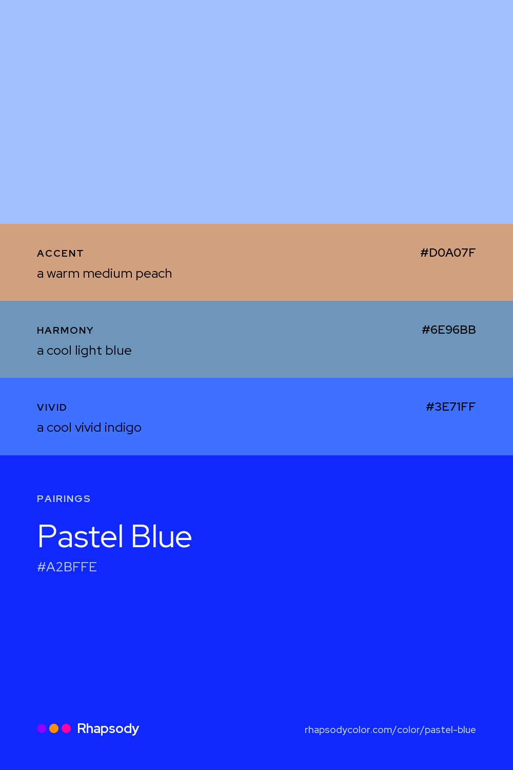 Pastel Blue paired with a warm medium peach #D0A07F, a cool light blue #6E96BB, a cool vivid indigo #3E71FF: hex values and roles, from Rhapsody